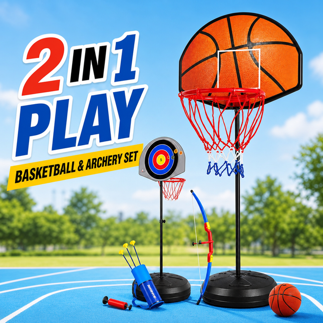 Kids Basketball Hoop Archery Set Adjustable Height Indoor Outdoor Toy
