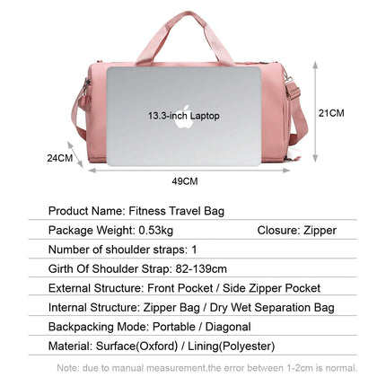 30L Gym Duffel Bags Large Travel Bag Waterproof Fitness Shoes Compartment Pink
