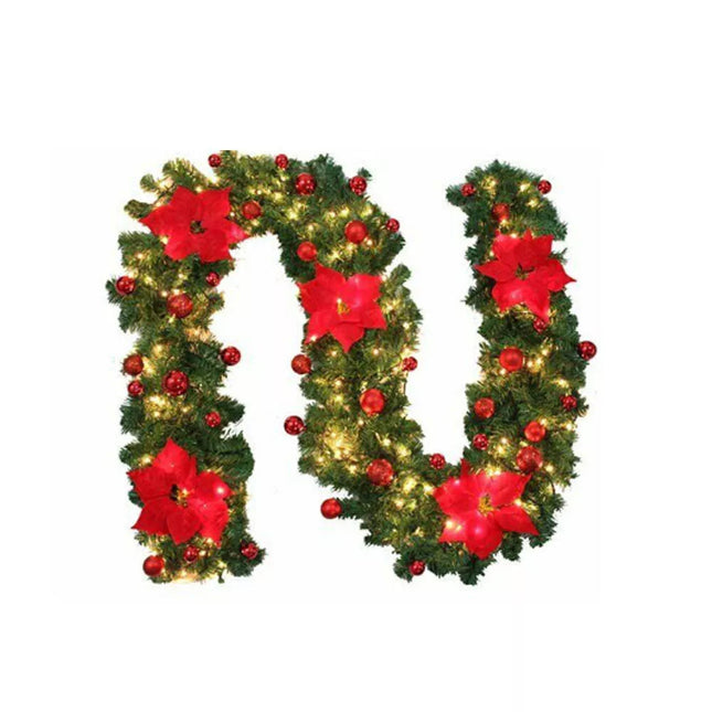 2.7M Christmas Garland with Lights / Flower /Pinecone Xmas Home Stairs Fireplace Red with Lights