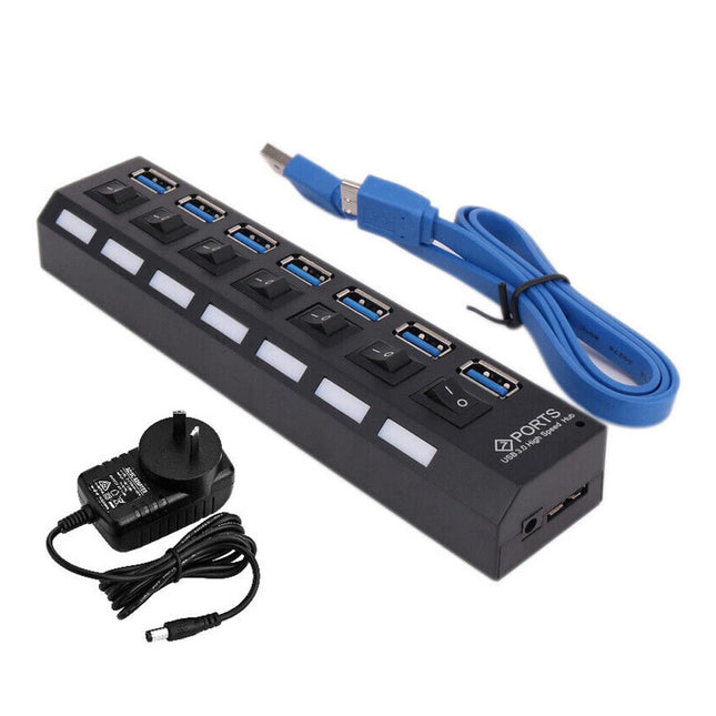 7 Ports USB 3.0 HUB Powered High Speed Splitter Extender with Power Supply