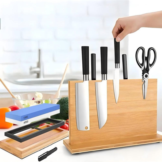 Double Sided Knife Block Knife Holder Banboo Sharpening Stone
