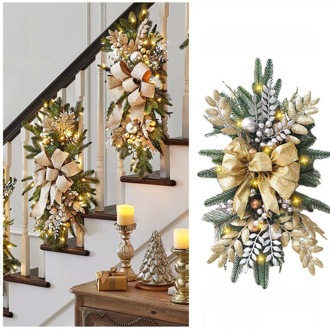 Gold Christmas Garland With LED Light For Staircase Tree Fireplace Door Wreath Decor