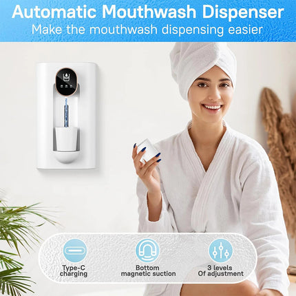 Touchless Automatic Mouthwash Dispenser 540ml with 2 Cups Rechargeable Wall