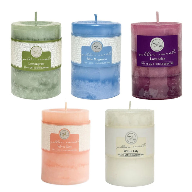 5x Scented Pillar candles Scents Lemongrass Blue Magnolia Lavender Velvet Rose White Lily 5x7CM
