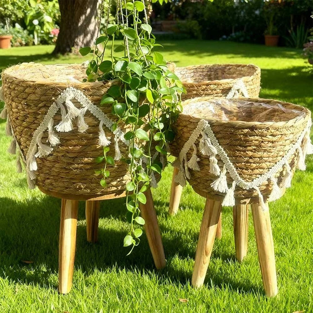 Set of 3 Plant Pot Stand With Wooden Leg Balcony Display Holder Indoor Flower