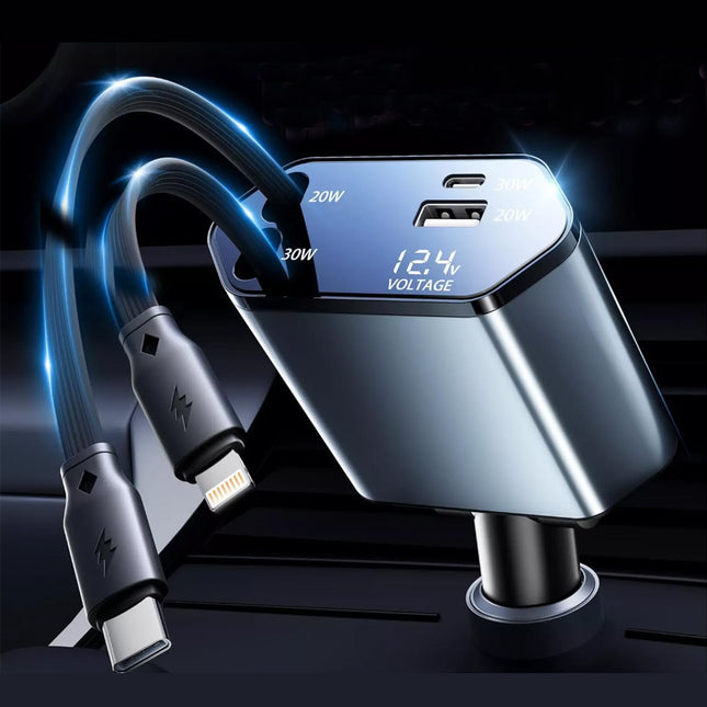 120W 4-in-1 Retractable Car Charger Cable – Dual Port USB-C PD Fast Charging Ada