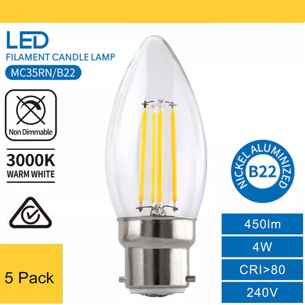 5 x LED Filament Candle Lamp B22 4W 3000k Warm White Light 450 lm Glass Bulb SAA