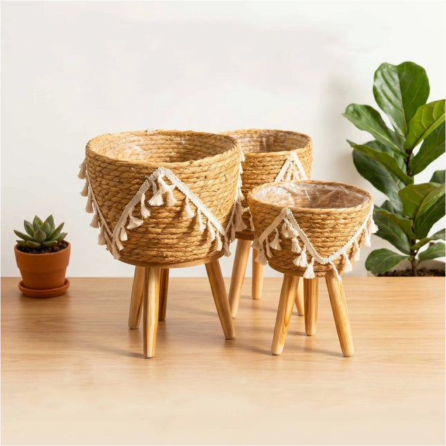 3Pcs Natural Seagrass Planter Pots with Legs Macrame Trim Boho Home Garden Decor