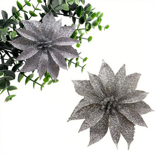12x Silver Christmas Glitter Artificial Flower Clips Xmas Tree Hanging Ornaments