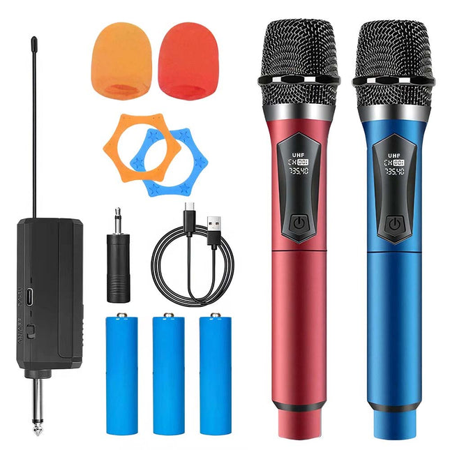 2 pack Wireless Microphone UHF Dynamic Mic System Karaoke Bluetooth Receiver Red + Blue