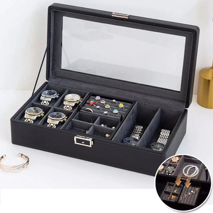 Black Watch Box Organizer Single Layer Jewelry Storage for Men Women Accessories