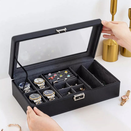 Black Watch Box Organizer Single Layer Jewelry Storage for Men Women Accessories