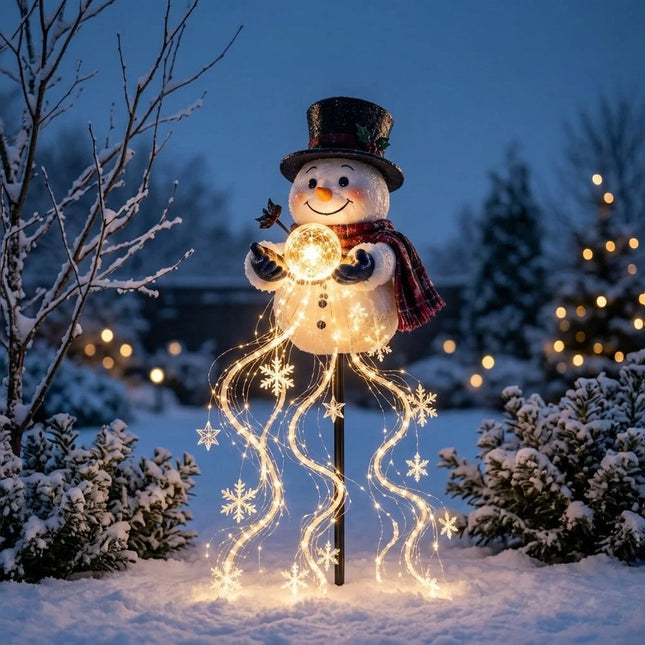 Snowman Magic Fountain with Cascading Stars Solar Garden Stake Christmas Decor