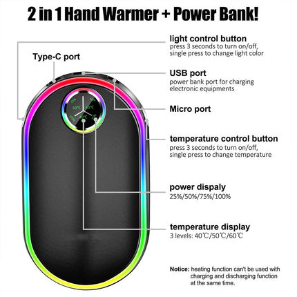 Hand Warmers Rechargeable 10000mAh Electric Pocket Handwarmer with 3 Heat Levels Black