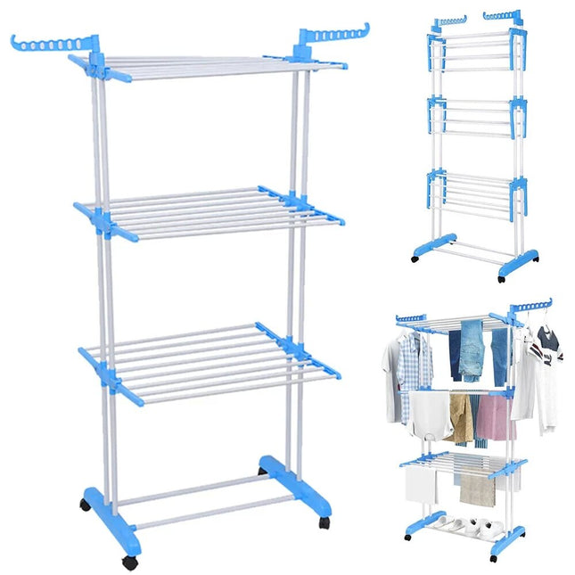 4 Tier Foldable Clothes Airer Drying Rack Wheels Laundry Dryer Hanging - Image 1