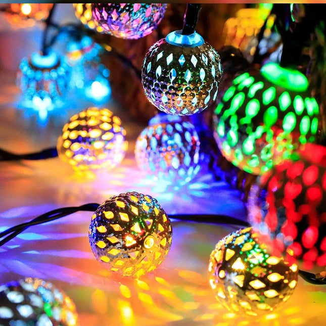 Solar String Lights Moroccan Ball Outdoor LED Christmas Fairy Garden Lamp Decor Multicoloured