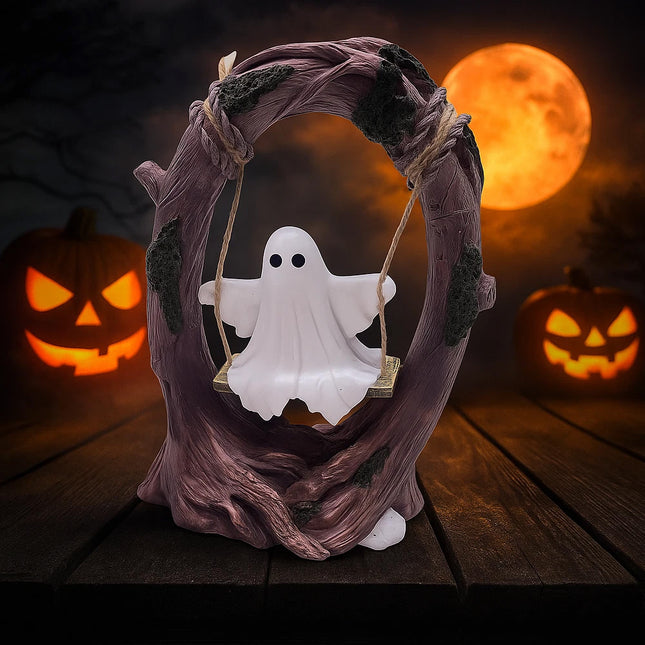 Ghost on a Tree Swing Cute Halloween Figurine for Desktop Bookshelf Garden