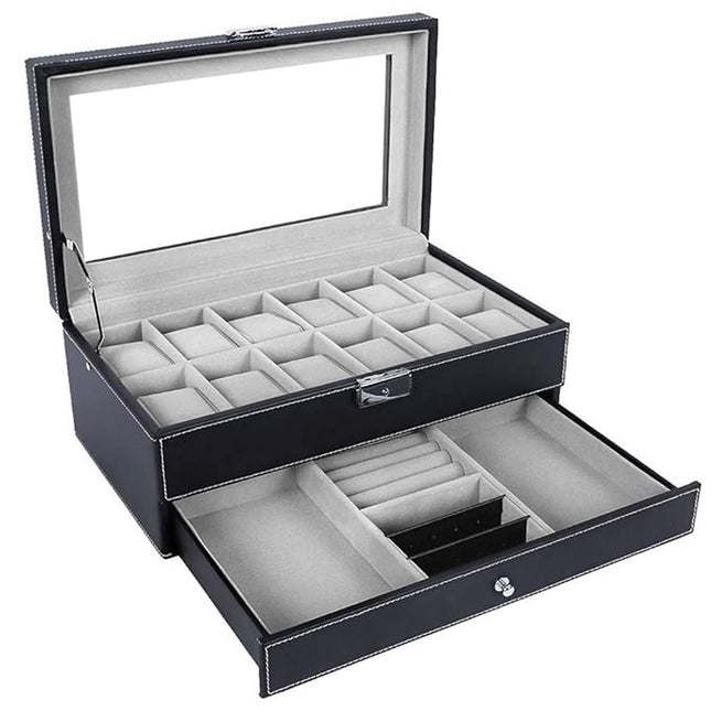 Double Layer Grids Watch Holder Box Carbon Storage Case Jewelry Display Organizer Gift