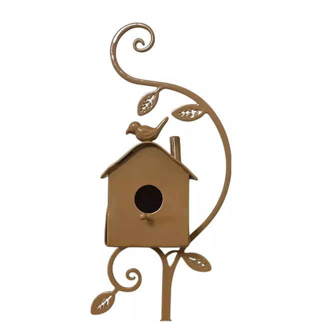 Outdoor Iron Birdhouse Garden Stakes - Metal Craft Bird House for Yard Decor D