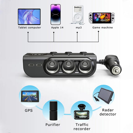 3Way 12-24V Car Cigarette Charger Lighter Socket Splitter Power USB Adapter Port 3Way Car Charger