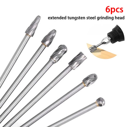 6Pcs Carbide Alloy Rotary Burr Set Tungsten Steel Solid Long Shank Burr Kit