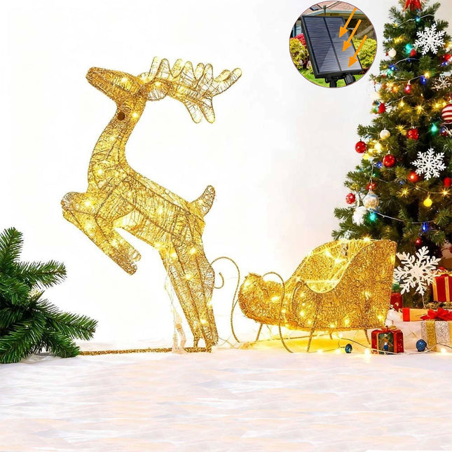 Christmas Lighted Reindeer & Sleigh Solar Powered LED Lights Xmas Decoration