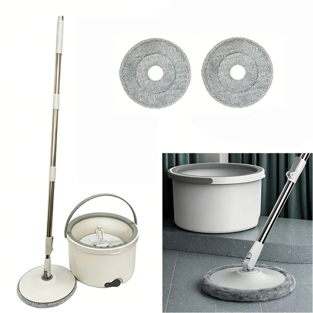2 Spin Mop Heads & 360°Spinning Stainless Steel Spinning Mop Bucket Easy Clean