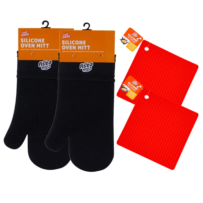 4Pcs Kitchen Set Silicone Gloves Mats Heat Resistant Baking Microwave Oven Mitts