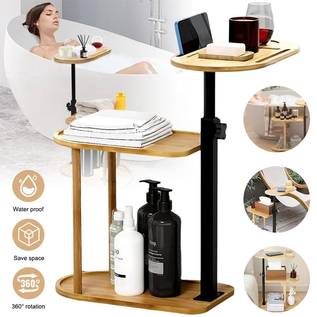 Bamboo Shower Shelf Bathroom Rack Storage Organiser Caddy 3 Tier 360° Rotating