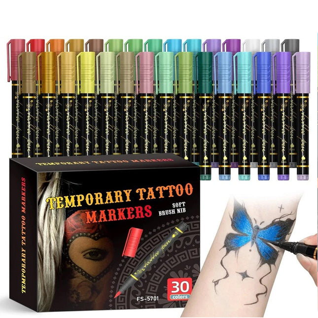 Temporary Tattoo Markers for Skin Tattoo Pens Brush Tip Bright 30 Colors