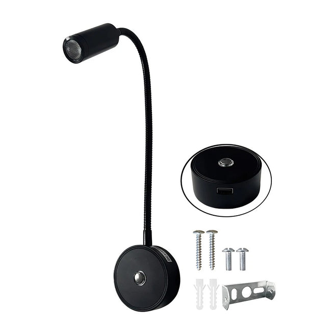 LED Gooseneck Wall Lamp Caravan Spotlight Bedside Reading Light 12V (Black) - Image 1