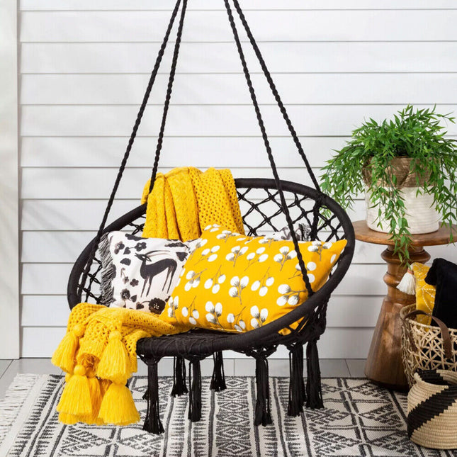 Black Hammock Chair Macrame Cotton Swing Bed Relax Indoor Outdoor Hanging Garden