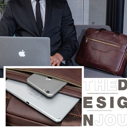 14'' Genuine Leather Briefcase Travel Shoulder Handbags Men Business Laptop Bag Brown