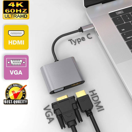 Type C USB 3.0 to VGA Female & HDMI 4K HD Data Charging HUB Cable Adapter