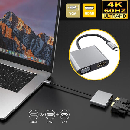 Type C USB 3.0 to VGA Female & HDMI 4K HD Data Charging HUB Cable Adapter