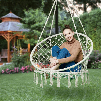 White Hammock Chair Macrame Cotton Swing Bed Relax Indoor Outdoor Hanging Garden