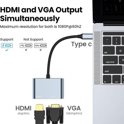 Type C USB 3.0 to VGA Female & HDMI 4K HD Data Charging HUB Cable Adapter