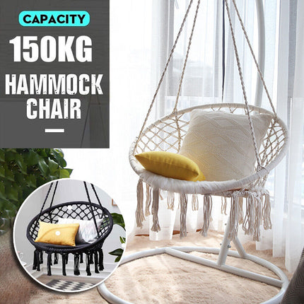 White Hammock Chair Macrame Cotton Swing Bed Relax Indoor Outdoor Hanging Garden