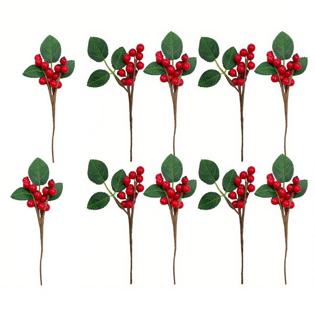10pcs Christmas Red Holly Berry Leaf Decor Craft Artificial Berry Picks Gift Wrap