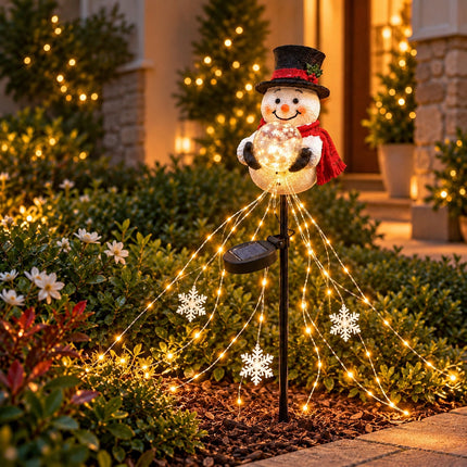 Snowman Magic Fountain with Cascading Stars Solar Garden Stake Christmas Decor