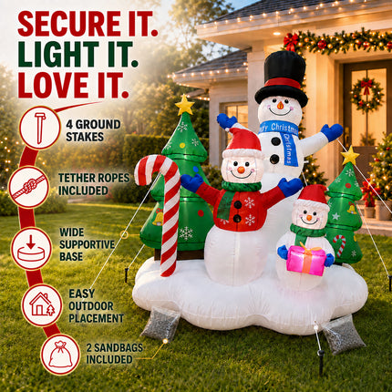 216cm LED Lights Christmas Inflatable Snowman Family with Trees Candy Cane Blow Up Xmas Decor