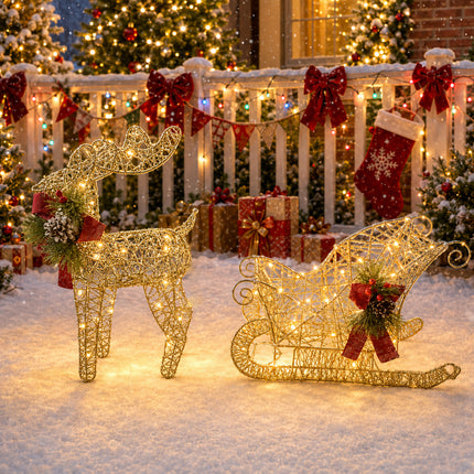 2-Piece LED Christmas Reindeer & Sleigh Solar-Powered Lighted Metal Frame Yard Decoration Set