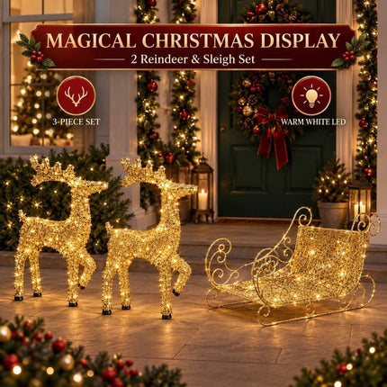 Set of 3 Christmas Decoration Reindeer and Sleigh LED Lighted Yard Garden Xmas