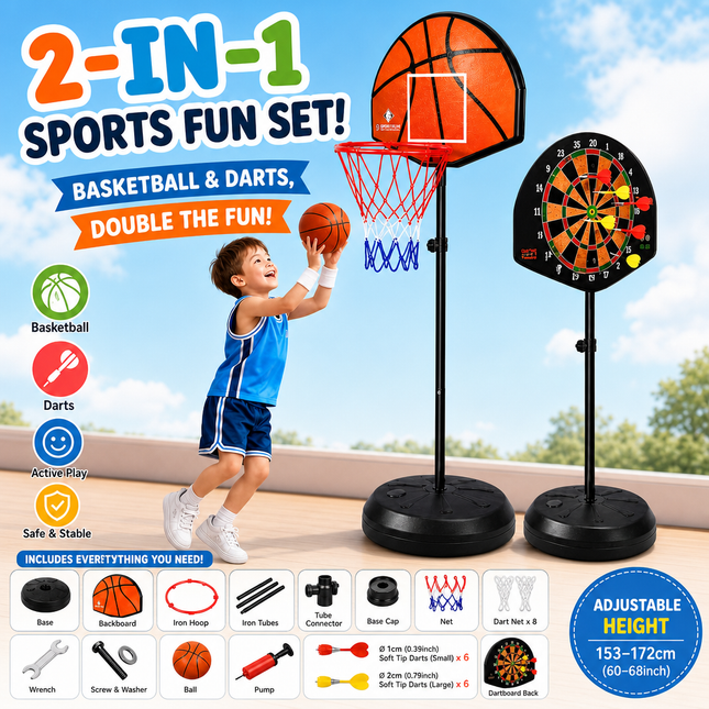 Kids Basketball Hoop Magnetic Dart Board Adjustable Height Indoor Play Set