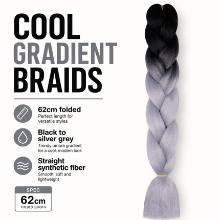 Synthetic Braiding Hair 62cm Black Silver Grey for Braid Styles