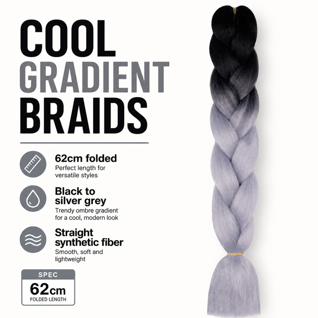 Synthetic Braiding Hair 62cm Black Silver Grey for Braid Styles