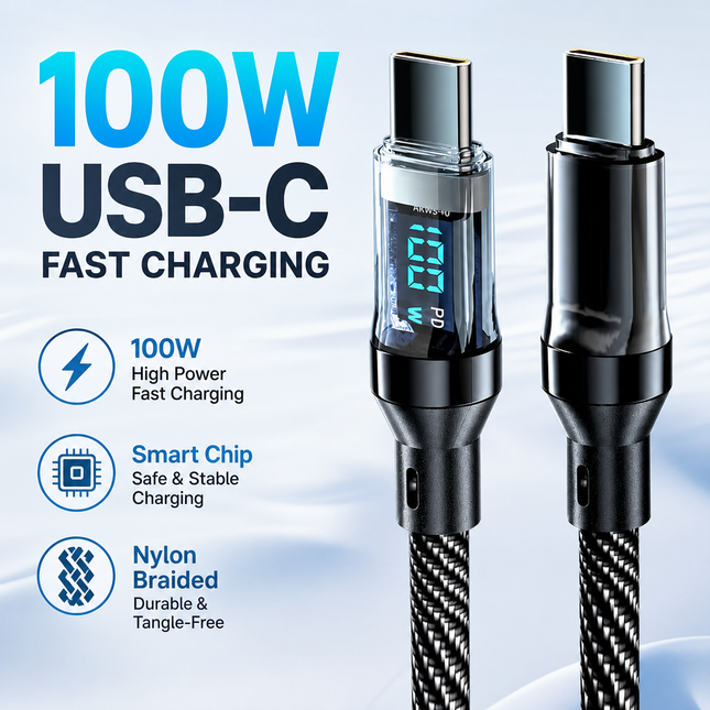 USB C to USB C Charging Cable Braided 100W 1m with Display