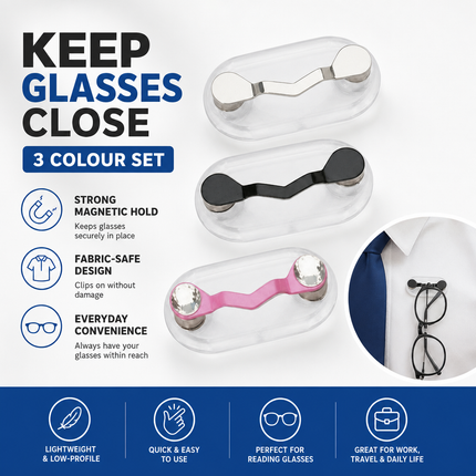 Eyeglasses Holder Magnetic 3 Piece Set for Shirts and Sunglasses