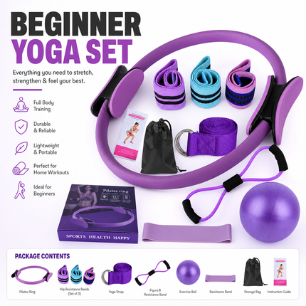 Yoga Fitness Set 11 Piece Purple Beginner Exercise Kit