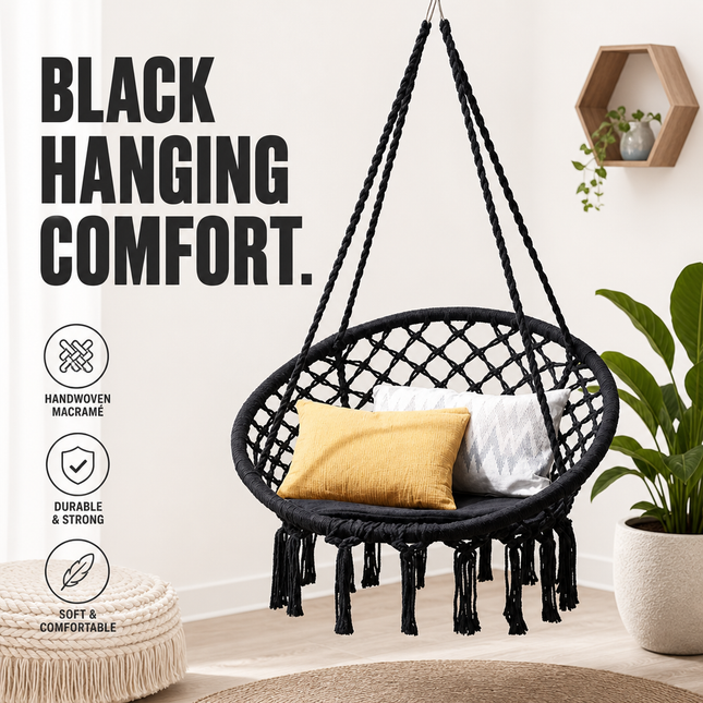 Hammock Chair Black Cotton Macrame Indoor Outdoor Hanging Seat
